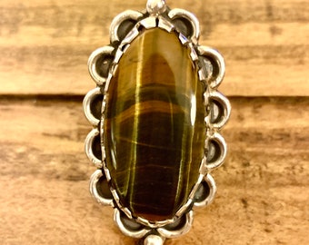 Handmade Silver and Tiger Eye Ring Sz 7 1/4, Golden Brown Tiger Eye Stone, Made by Bob Summers Silversmith, Sterling Silver Jewelry