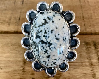 Handmade Silver and Jasper Ring Sz 7.5, Unique White Speckled Ocean Jasper Stone, Made by Bob Summers Silversmith, Sterling Silver Jewelry