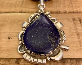 Handmade Silver Lapis Necklace, Deep Blue Lapis Lazuli Pendant with Lapis Beads, Made by Bob Summers Silversmith, Sterling Silver Jewelry
