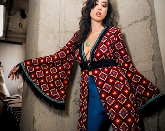Muheeka KIMONO FRINGE DUSTER Robe in Aztec Print with Flare Sleeves, Handmade Festival Clothing