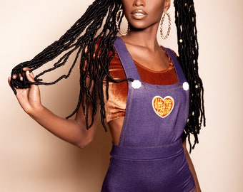 Muheeka RETRO FESTIVAL OVERALLS, Stretch Denim with "All You Need is Love" Patch, Rave Clothing, Boho Look