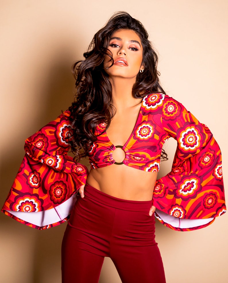 Muheeka Retro Disco Top with Flare Sleeves in Red Flowers, Retro 70s Look, Festival Clothing image 1