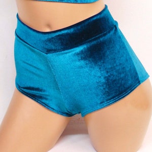 Muheeka HIGHWAIST CHEEKY SHORTS, Teal Plush Velvet Retro Booty Shorts, Bohemian Festival Clothing