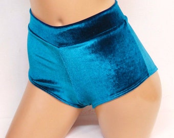 Muheeka HIGHWAIST CHEEKY SHORTS, Teal Plush Velvet Retro Booty Shorts, Bohemian Festival Clothing