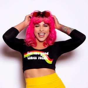 Muheeka GOOD TIMES TOP, &#39;Let the Good Times Roll&#39; 3/4 Sleeve Top Black Cropped Tee, Rollergirl Rollerskating, Festival Top