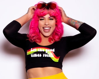 Muheeka GOOD TIMES TOP, 'Let the Good Times Roll' 3/4 Sleeve Top Black Cropped Tee, Rollergirl Rollerskating, Festival Top