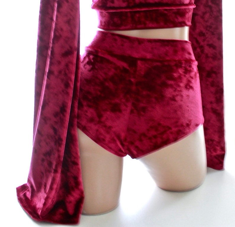 May include: A set of red velvet shorts and a matching top. The shorts are high-waisted and have a wide leg. The top is a crop top with long sleeves.