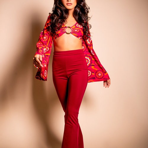 Bas taille haute cloche Muheeka bordeaux, pantalon évasé rétro style années 70, vêtements bohèmes pour festival