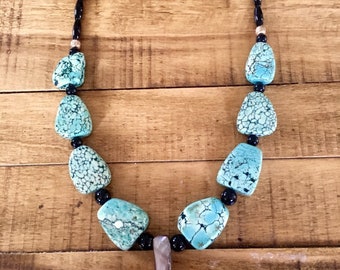 Muheeka TURQUOISE BEADED NECKLACE with Abalone Centerpiece and Black Onyx Beads, Bohemian Style