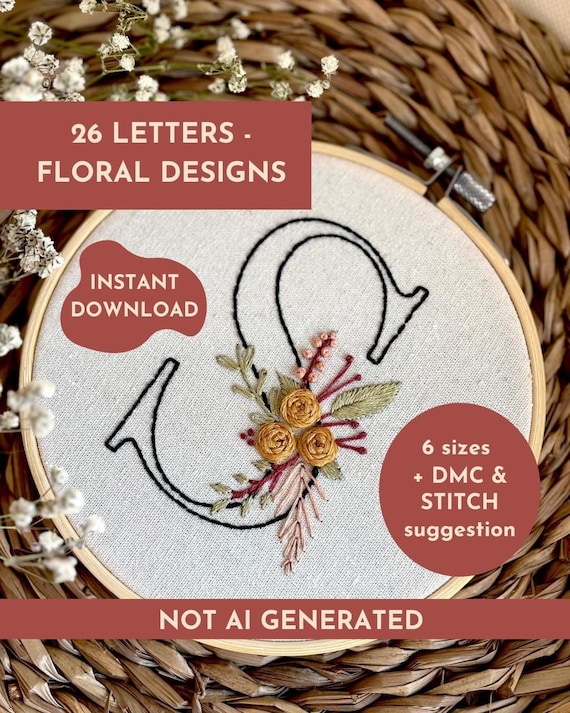Floral Alphabet Hand Embroidery Pattern, Monogram Letters, Botanical Designs (PDF Download)