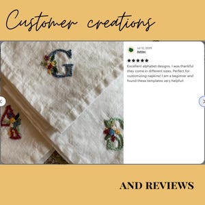 Creations by customers of the digital Monogram embroidery pattern bundle. Letters G, S, and A embroidered on fabric napkins with wildflowers.