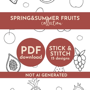Op de afbeelding: Een digitale PDF-download voor een stick and stitch borduurcollectie met 15 fruitontwerpen. De afbeelding bevat zwarte lijntekeningen van diverse vruchten zoals aardbeien, ananas en vijgen op een witte achtergrond met rode banners.