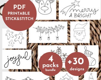 Christmas Printable Stick and Stitch Embroidery Pattern Bundle, Hand Embroidery PDF