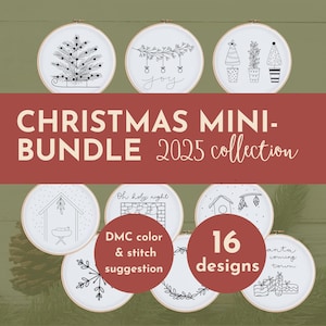 Peut inclure: Ensemble de 16 motifs de broderie pour Noël, chacun présenté dans un cercle en bois. Les motifs incluent un sapin de Noël, le mot "joy", des sapins en pots, une crèche et d'autres illustrations sur le thème des fêtes.