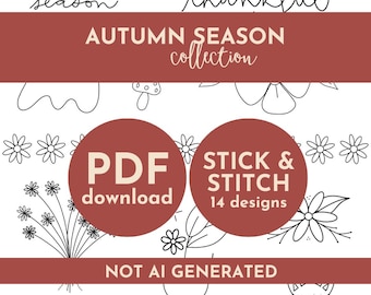 Printable Stick and Stitch Embroidery Patterns, Fall & Halloween Embroidery Digital Designs, PDF Hand Embroidery for Hats, Bags and Clothes