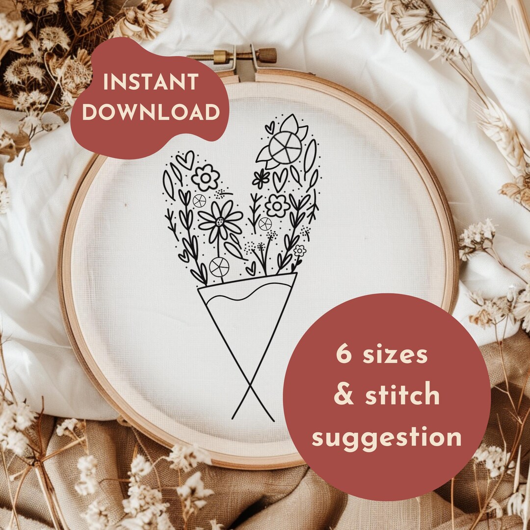 Floral Heart Hand Embroidery Pattern PDF – Modern Flower Bouquet Design ...