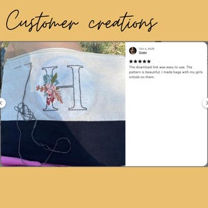 Creations from customers of the digital alphabet embroidery pattern bundle. Embroidered letter with flowers on a personalized toiletry bag. Great for personalized DIY gifts