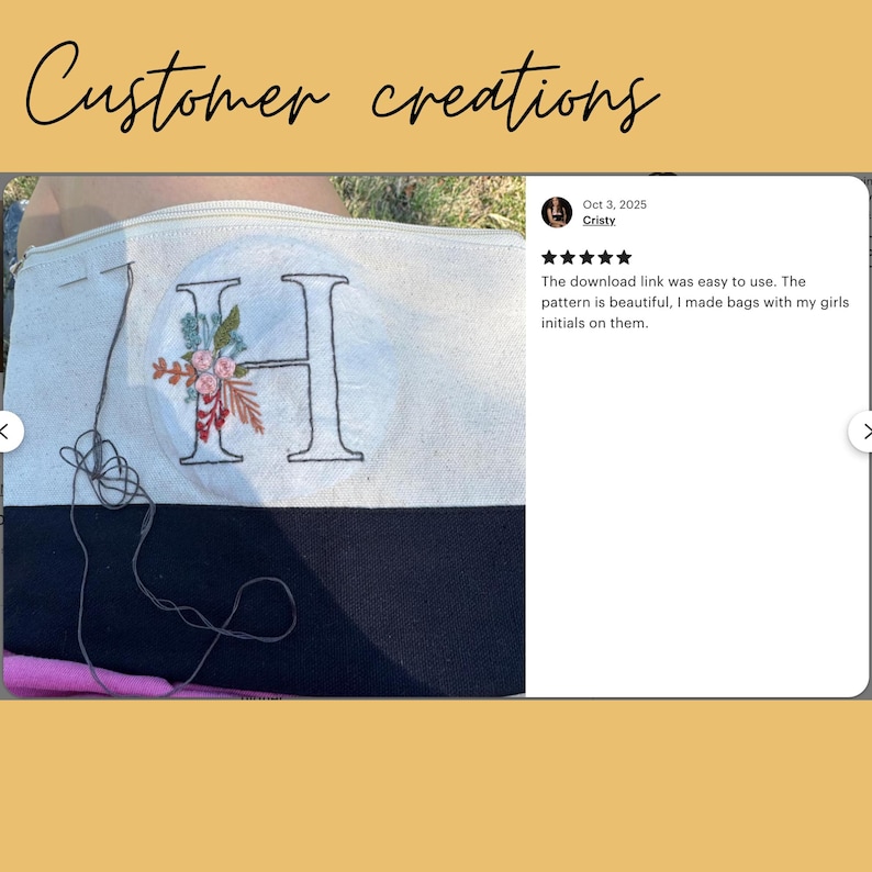 Creations from customers of the digital alphabet embroidery pattern bundle. Embroidered letter with flowers on a personalized toiletry bag. Great for personalized DIY gifts