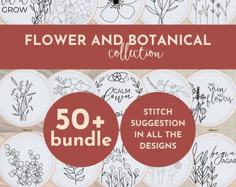 50+ PDF Hand Embroidery Patterns Bundle, Floral & Botanical Designs, Digital Download, Beginner Friendly