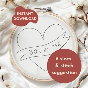 Patrón de bordado a mano para el día de San Valentín, diseño de bordado a mano Love, diseño de bordado a mano Heart You & Me para principiantes, descarga de archivo PDF