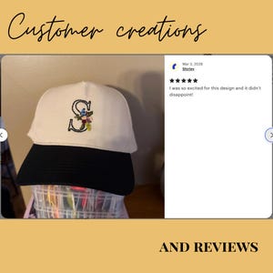 Creations from customers of the digital alphabet embroidery pattern bundle. Embroidered letter with flowers on a personalized cap. Great for upcycling projects.