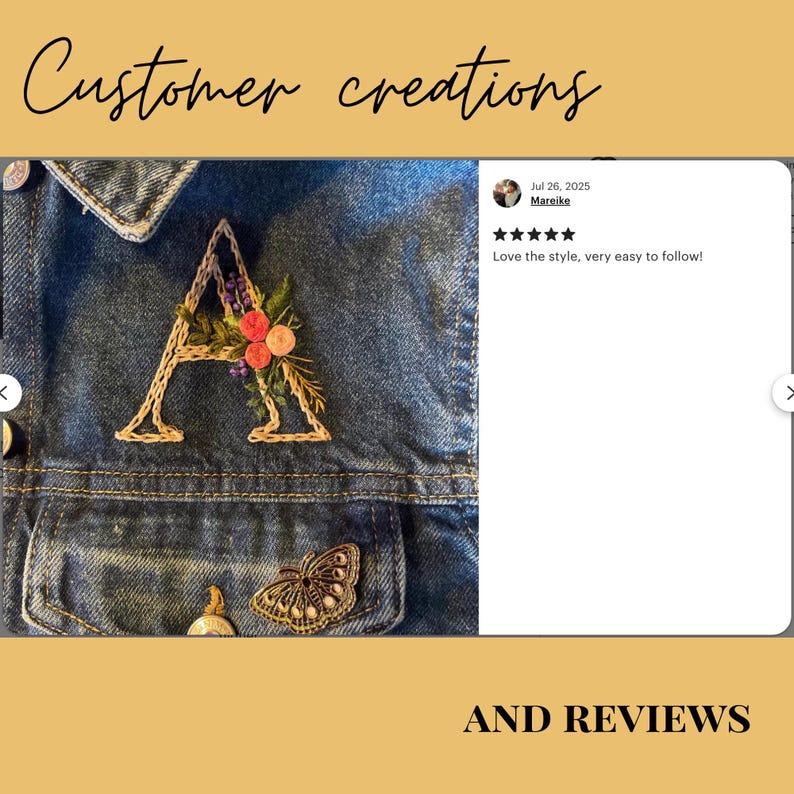 Creations from customers of the digital alphabet embroidery pattern bundle. Letter A embroidered on a denim jacket. Great for an upcycling project.