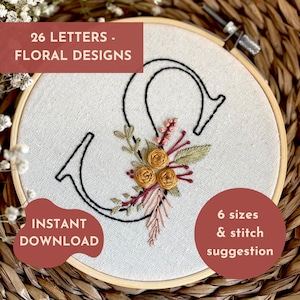 Bordado floral del alfabeto (PDF): Patrón de monograma de la A a la Z con flores en 6 tamaños de bastidor. Descarga digital de letras bordadas a mano.
