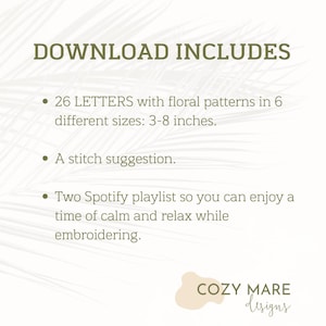 Botanical floral embroidery alphabet with hand stitched letter designs, modern monogram embroidery patterns A through Z, digital embroidery pattern set, perfect for DIY wall art, gifts and home decor, includes multiple sizes and embroidery stitch guide