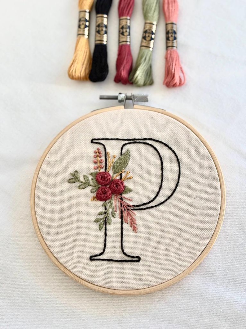 Monogram floral embroidery patterns for hand embroidery, alphabet letters A Z with botanical floral elements, digital embroidery download, ideal for personalized embroidery projects, wall decor or gifts, includes stitch guide and floss color reference