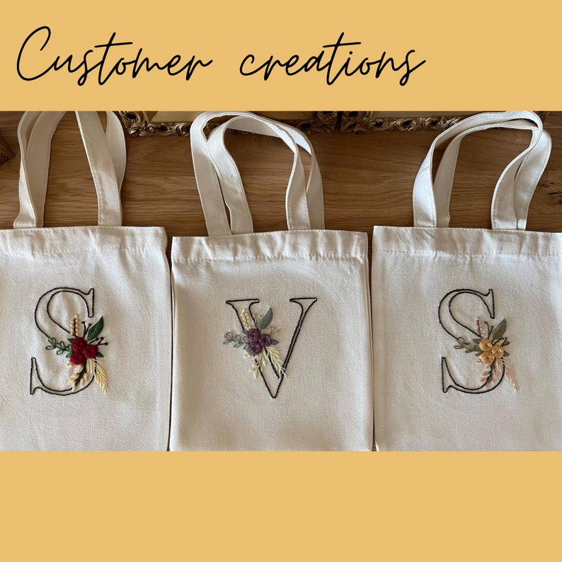 Creations from customers of the digital alphabet embroidery pattern bundle. Embroidered letters with flowers on personalized tote bags. Great for personalized DIY gifts