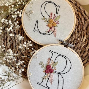 Hand embroidery alphabet pattern bundle with floral letters A Z, botanical monogram embroidery designs, digital embroidery patterns for hoop art and personalized projects, includes 6 sizes per letter, stitch guide and floss color chart, instant download