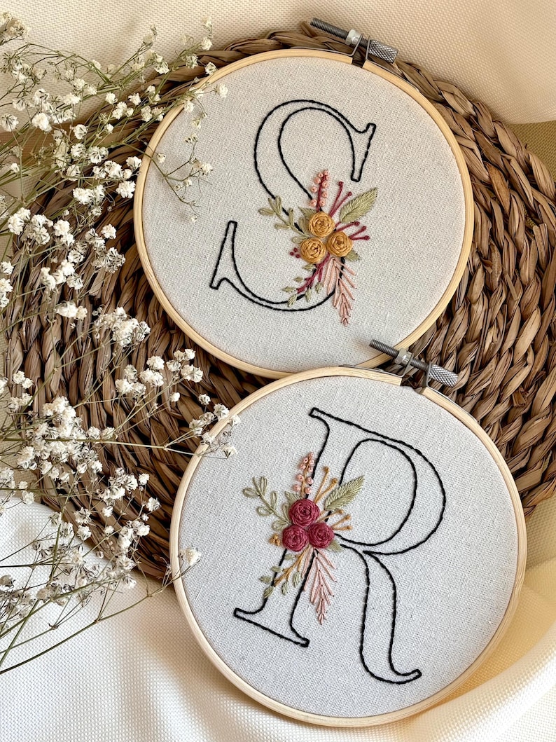 Hand embroidery alphabet pattern bundle with floral letters A Z, botanical monogram embroidery designs, digital embroidery patterns for hoop art and personalized projects, includes 6 sizes per letter, stitch guide and floss color chart, instant download