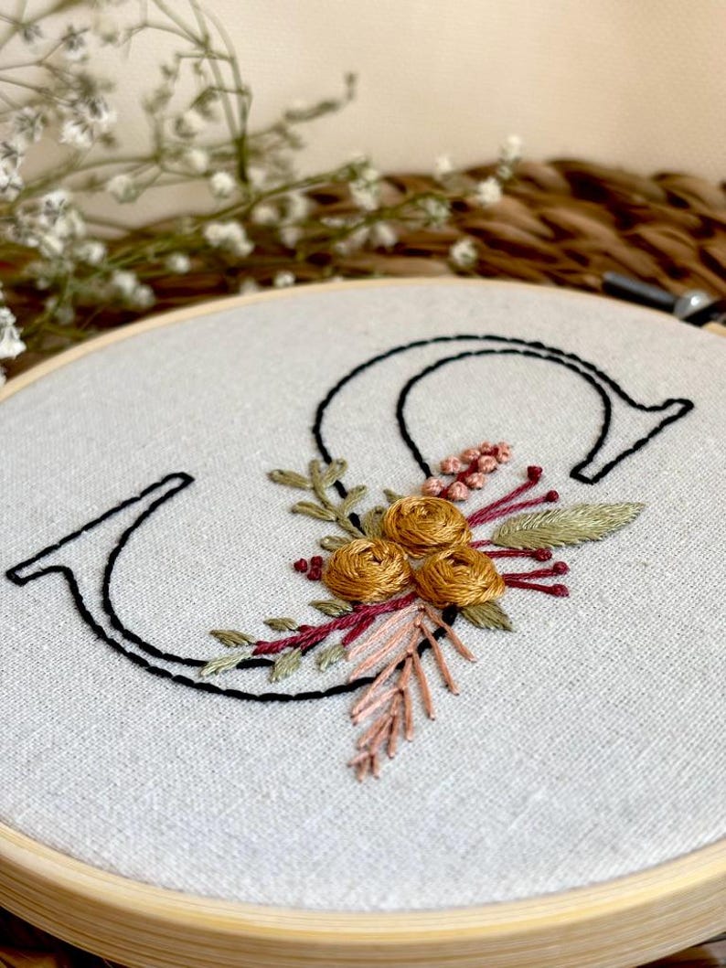 Complete hand embroidery floral alphabet, monogram letter patterns A Z with botanical embroidery design, printable PDF embroidery patterns, beginner friendly embroidery bundle with multiple sizes, stitch guide and floss color reference included
