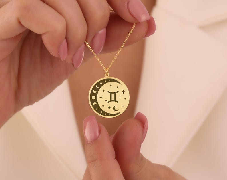 Gemini Zodiac Moon Necklace - Gold-Plated Astrology Pendant for Women - Celestial Twin Sign Jewelry - Unique Gemini Gift Idea image 2