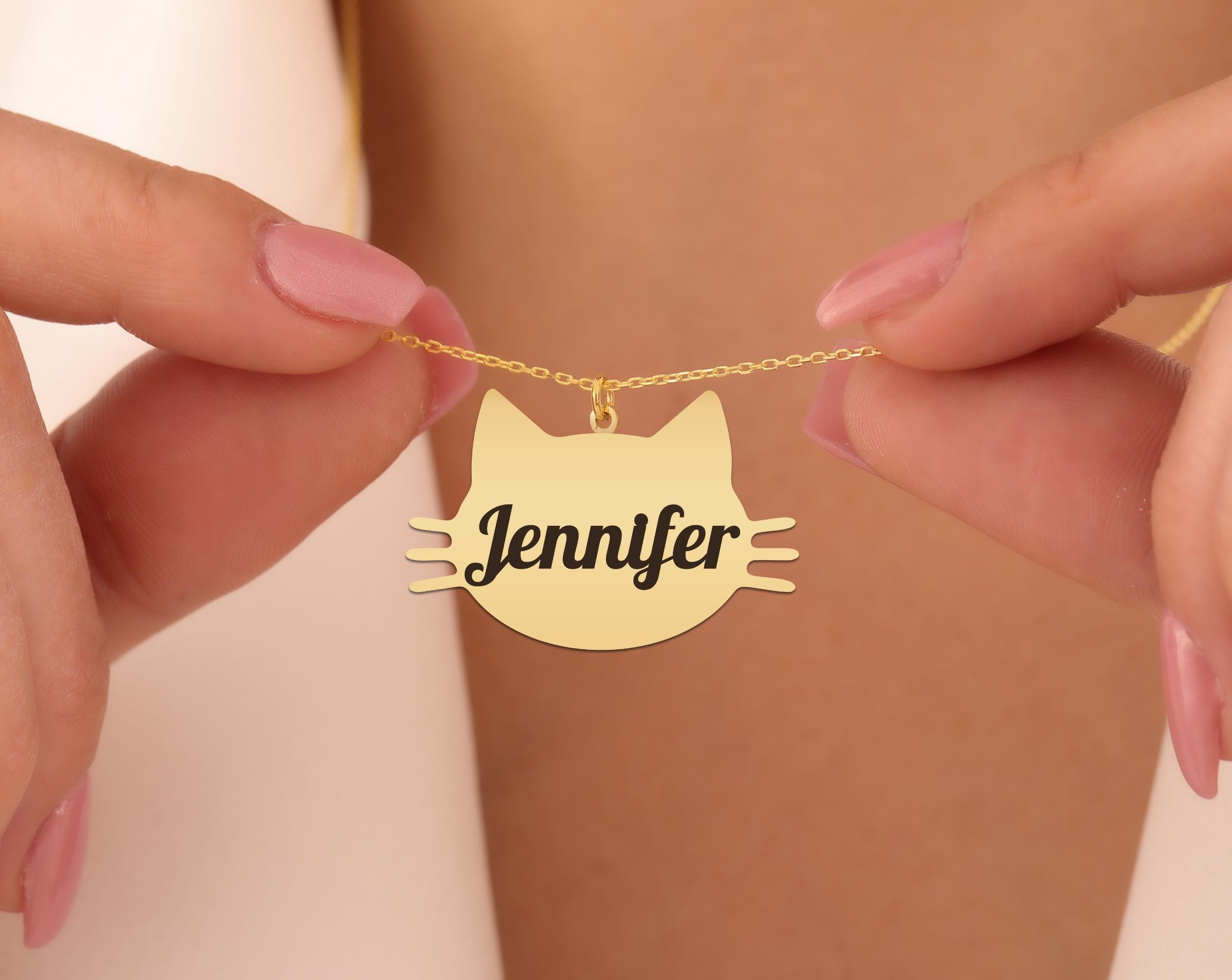 Custom Kitty Name Necklace - Custom Cat Face Name Necklace – Gold Plated Silver Kitty Pendant – Personalized Gift for Cat Moms & Pet Lovers