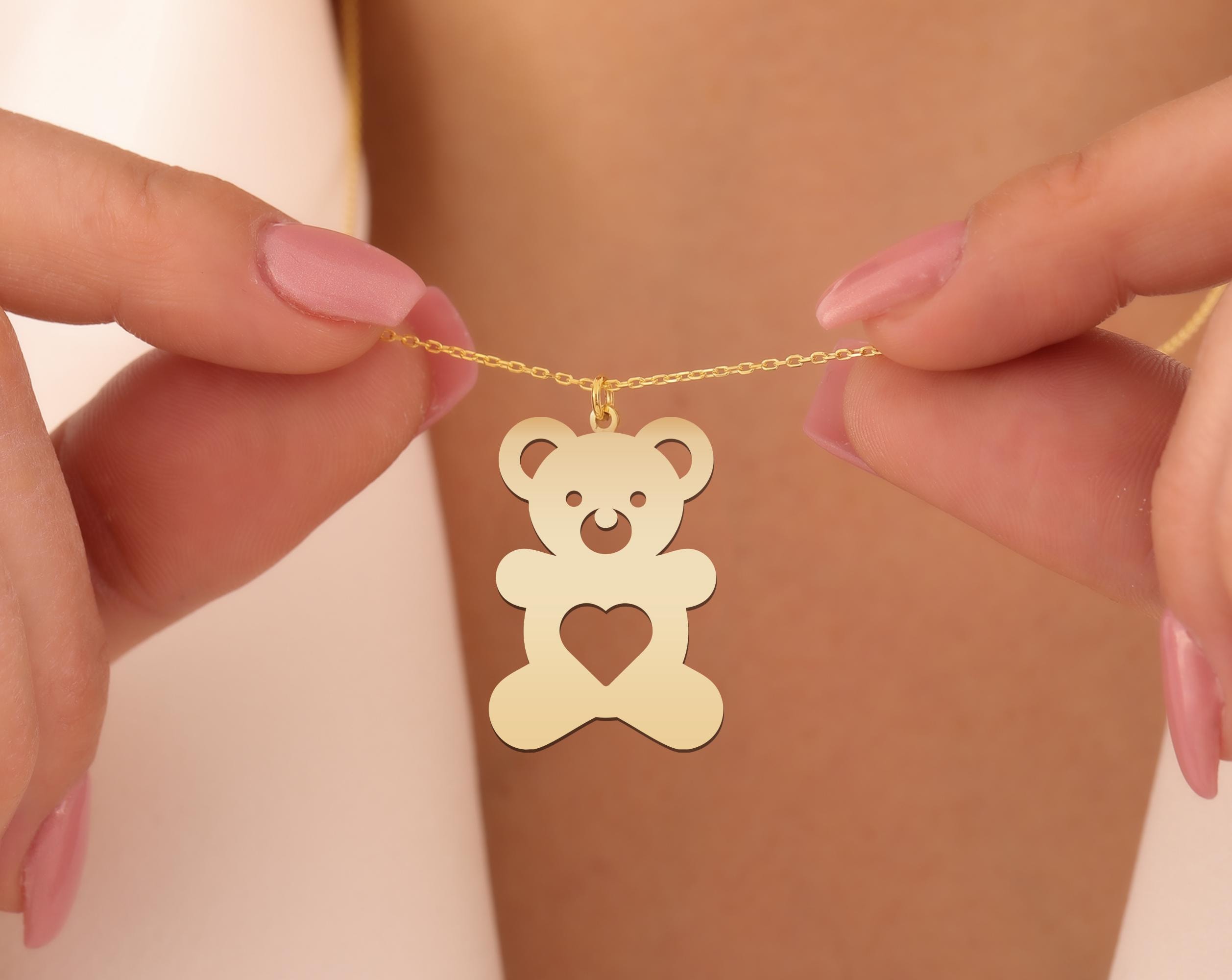 Teddy Bear Heart Necklace – Gold Plated Silver Pendant for Kids & Lovers – Cute Minimalist Love Gift for Women, Children