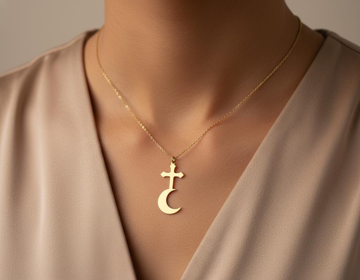 Cross And Crescent Moon Necklace: Gold Plated Unique Pendant