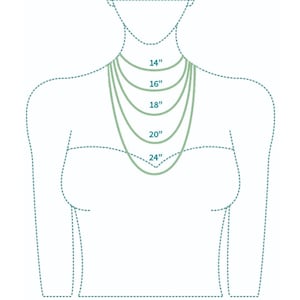 May include: Diagram showing different necklace lengths on a model, from 14 inches to 24 inches.
