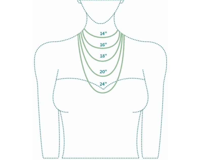 May include: Diagram showing different necklace lengths on a model, from 14 inches to 24 inches.