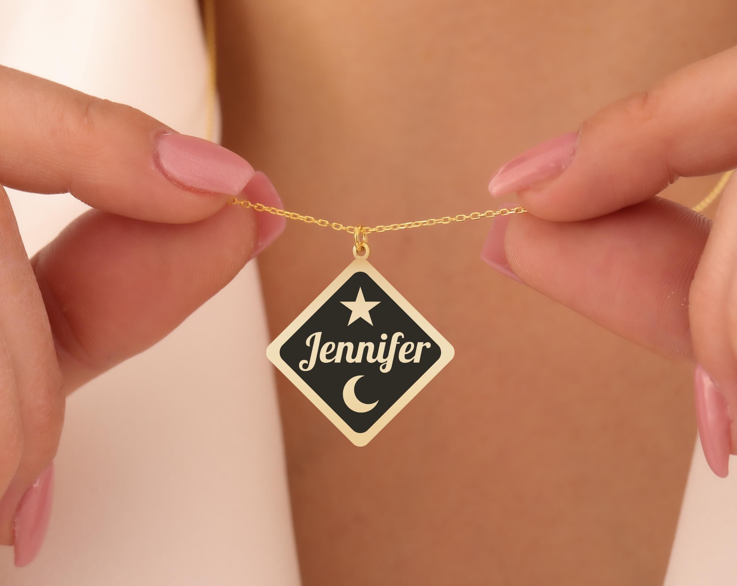 Double Sided Name Necklace with Custom Icon – Personalized Gold Plated Charm – Two Designs in One – Unique Gift for Her or Him