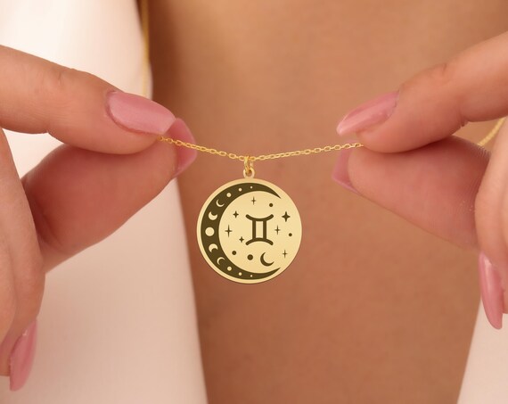 Gemini Zodiac Moon Necklace - Gold-Plated Astrology Pendant for Women - Celestial Twin Sign Jewelry - Unique Gemini Gift Idea