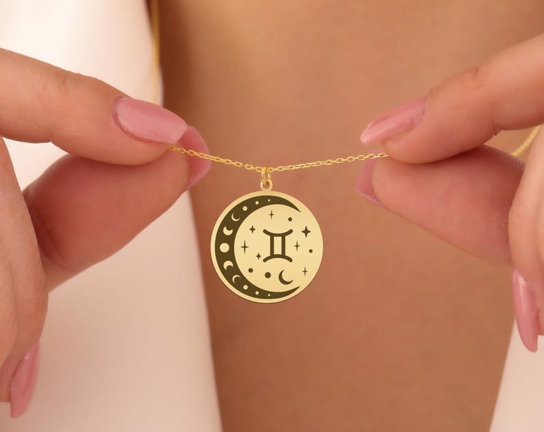 Gemini Zodiac Moon Necklace - Gold-Plated Astrology Pendant for Women - Celestial Twin Sign Jewelry - Unique Gemini Gift Idea image 1