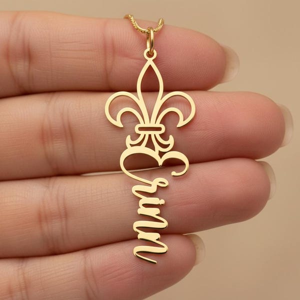 Fleur De Lis Necklace: Gold Plated Personalized Name Pendant