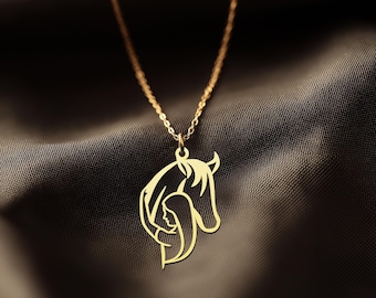 Horse Necklace | Girl Hugging Horse Necklace | Gold Plated Equestrian Jewelry for Horse Lovers | Emotional Horse Bond Necklace