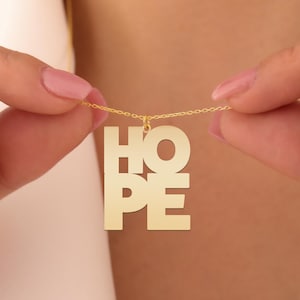 HO PE Necklace | Inspirational HOPE Word Jewelry Gift for Women | Gold Plated Sterling Silver Pendant | Positive Message Minimalist Design