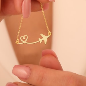 Airplane Necklace | Travel-Inspired Pendant with Heart Design | Gold Plated Jewelry for Women | Unique Adventure Gift