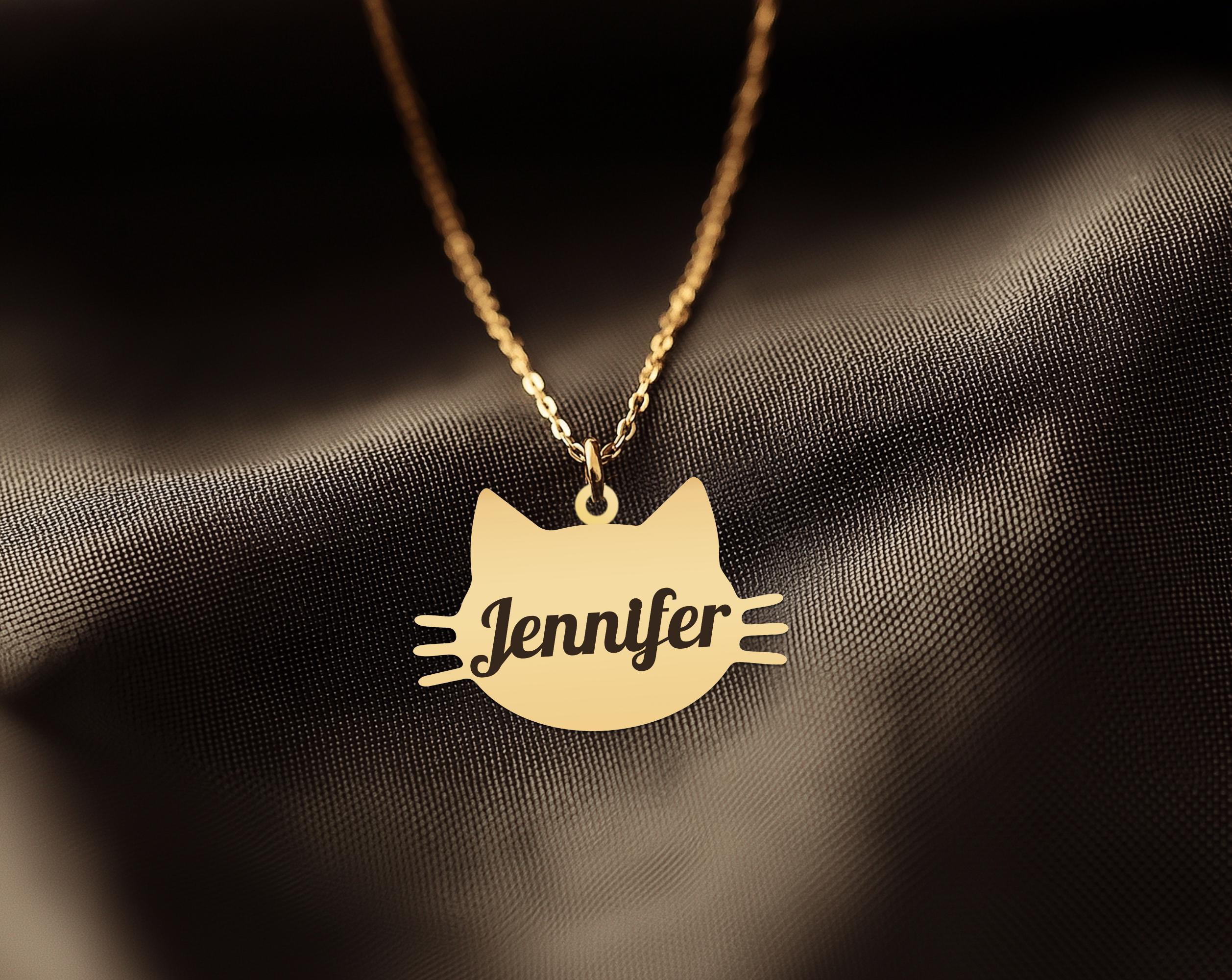 Personalized Cat Name Necklace - Custom Kitty Face Name Necklace – Gold Plated Silver Kitty Pendant – Custom Gift for Cat Moms & Pet Lovers