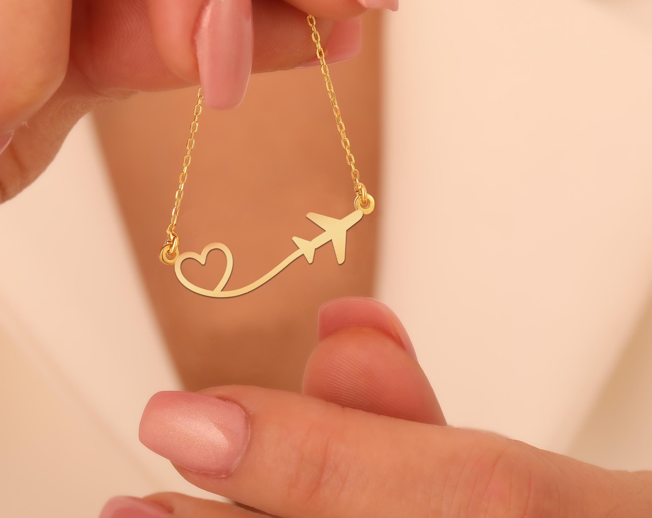 Heart Airplane Necklace – Gold Plated Silver Travel Jewelry for Flight Attendants, Pilots & Wanderlusters – Minimalist Travel Charm Gift