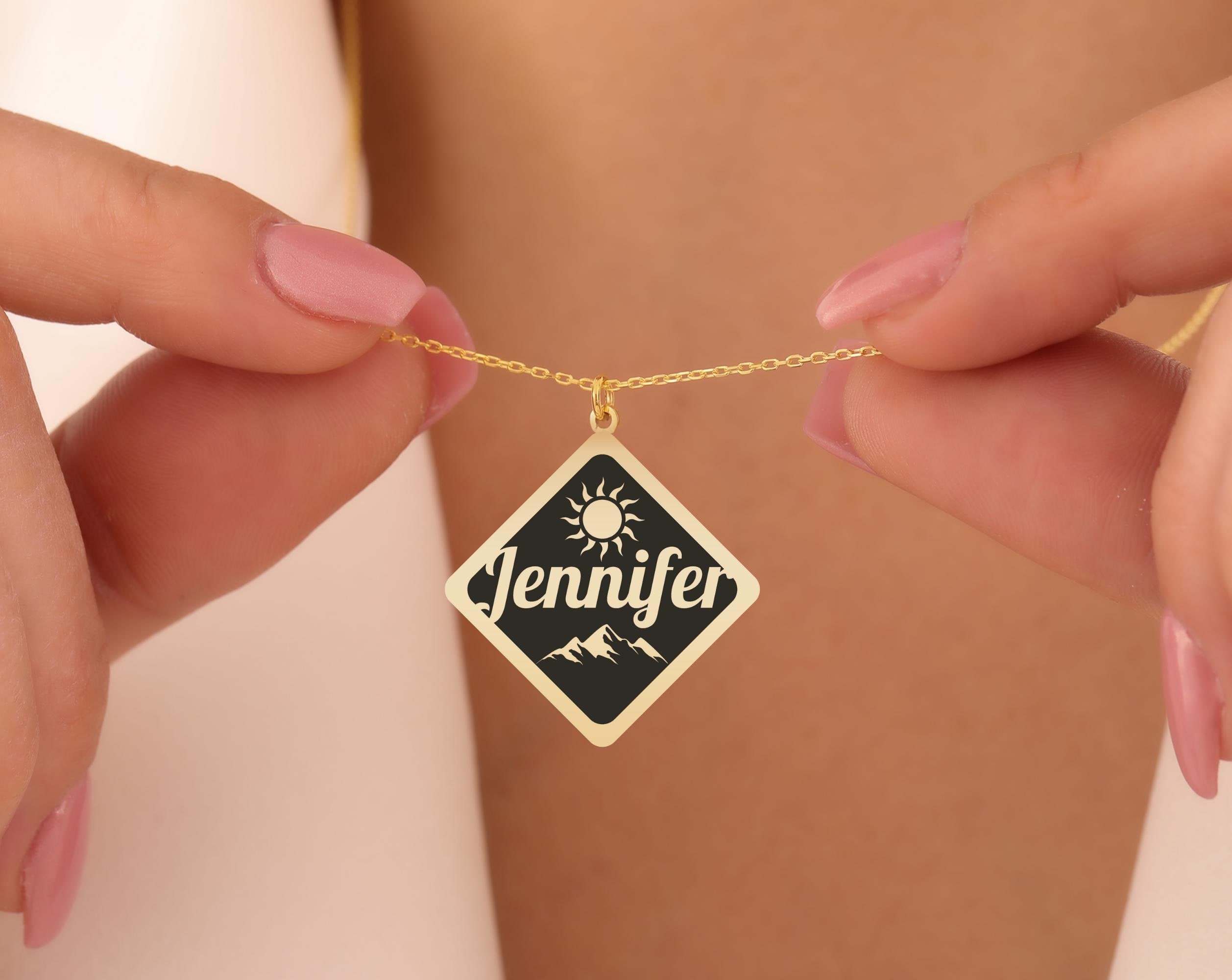 Custom Name Necklace with Changeable Icon – Gold Plated Mountain Sun Charm – Personalized Nature Jewelry Gift for Her or Him