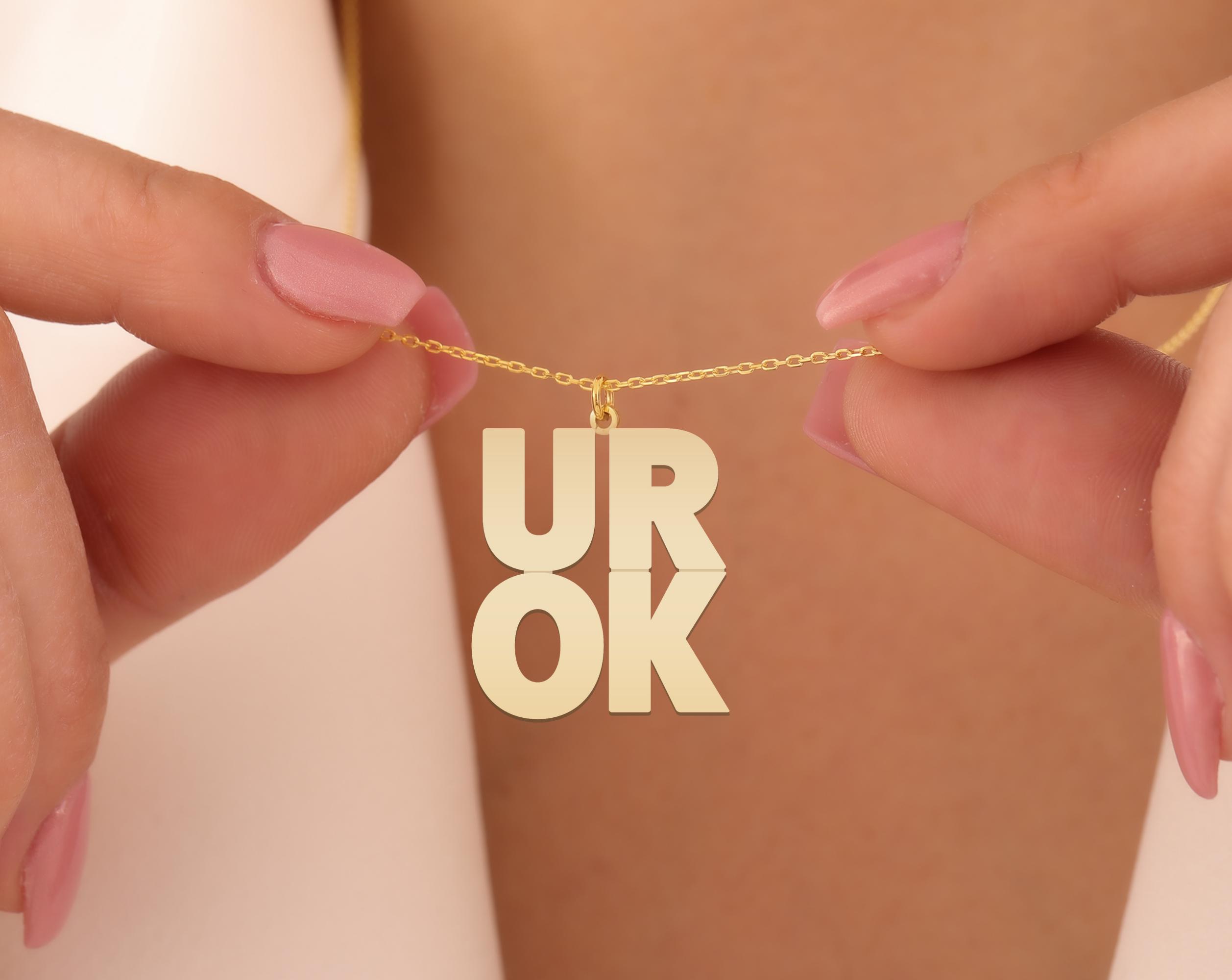 UR OK Necklace | Gold Plated Sterling Silver Pendant | Positive Message Jewelry Gift for Women | Uplifting and Motivational Design